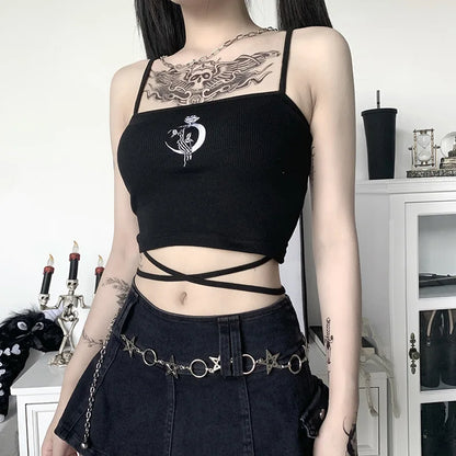 Gothic Print Suspender Crop Tank Top