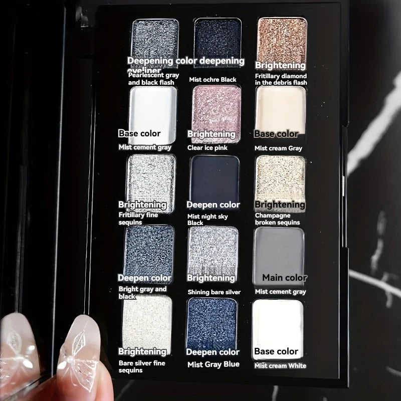 15-Color Pearl Glitter Eyeshadow Palette – Smoky, Cool-Toned, Waterproof Makeup