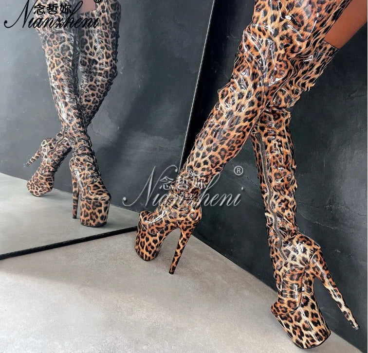 Blue Leopard Over-the-Knee Platform Boots