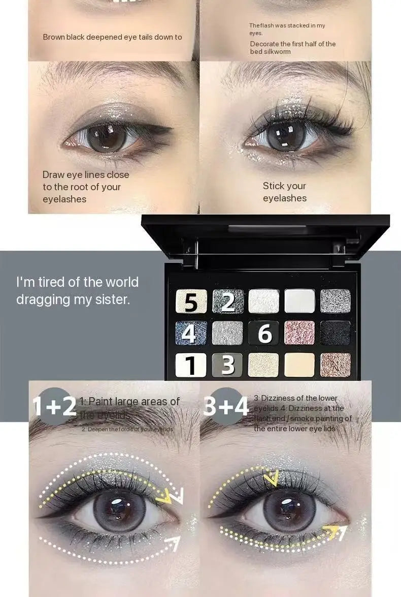 15-Color Pearl Glitter Eyeshadow Palette – Smoky, Cool-Toned, Waterproof Makeup