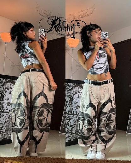 Y2K Gothic Cargo Pants – Wide-Leg Streetwear Trousers with Red Floral Graffiti Print