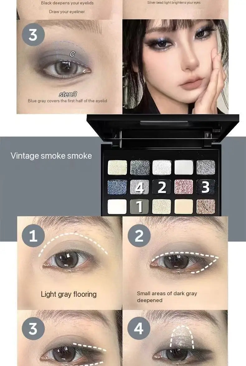 15-Color Pearl Glitter Eyeshadow Palette – Smoky, Cool-Toned, Waterproof Makeup