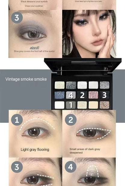 15-Color Pearl Glitter Eyeshadow Palette – Smoky, Cool-Toned, Waterproof Makeup