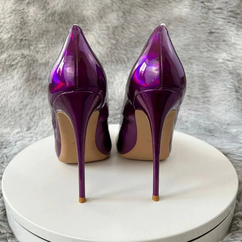 Holographic Purple Stiletto Pumps