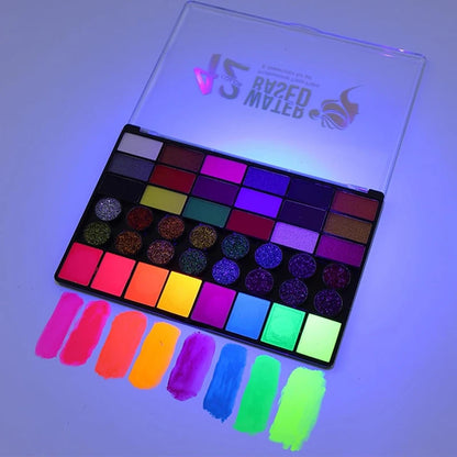 42-Color UV Neon & Glitter Face & Body Paint Palette – Water-Activated Art Makeup