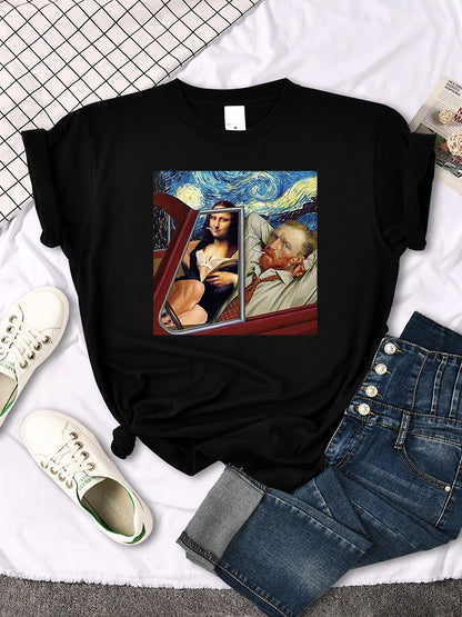 Mona Lisa Funny Cat T-Shirt – Oversized Art Print Crewneck Tee for Women