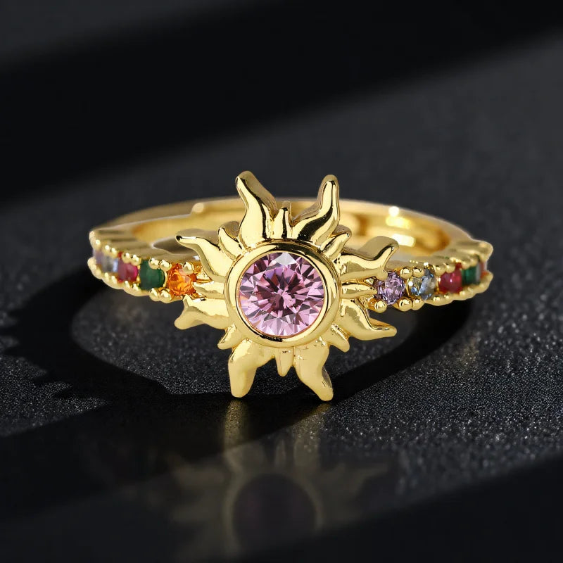 Stylish Pink & White Zircon Sun Ring – Adjustable Gold & Silver Wedding Band