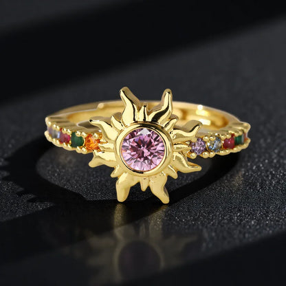 Stylish Pink & White Zircon Sun Ring – Adjustable Gold & Silver Wedding Band