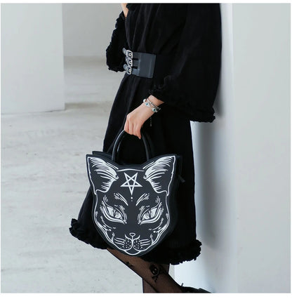 Gothic Pentacle Cat Shoulder Bag – Punk Rock Women’s Black Handbag