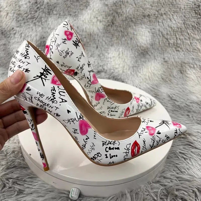 Graffiti Print Pointed Toe Stiletto Heels