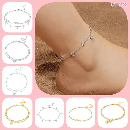 925 Sterling Silver Double-Layer Anklet – Exquisite Zircon Heart Chain Jewelry