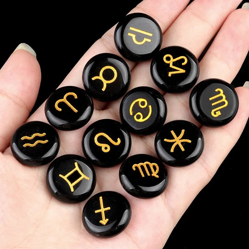 12-Piece Mini Chakra Stones Set – Natural Amethyst, Quartz & Semi-Precious Crystals with Zodiac Symbols