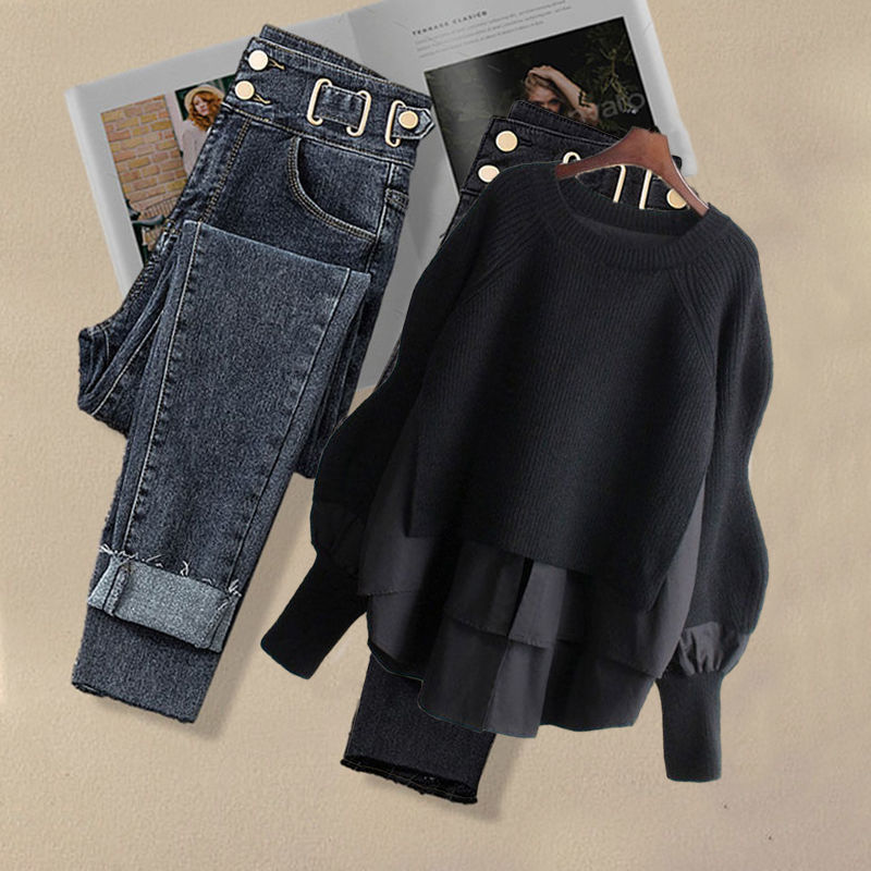 Korean Fashion Two-Piece Set – Fake Layered Shirt Top & Slim Fit Jeans