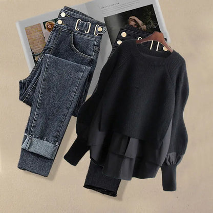 Korean Fashion Two-Piece Set – Fake Layered Shirt Top & Slim Fit Jeans