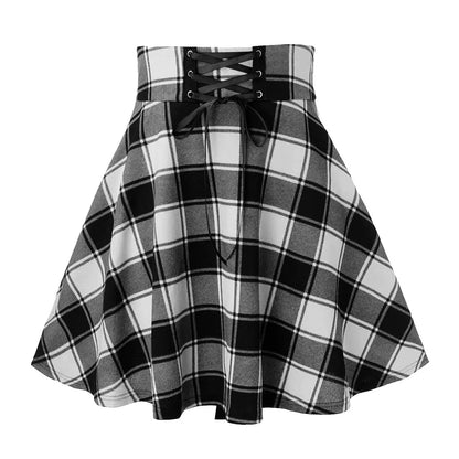 Black Checkered Pleated Gothic Mini Skirt – Punk Plaid Lace-Up Clubwear