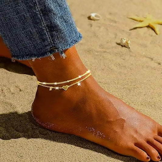 Women’s Layered Heart Anklet – 925 Silver-Plated, Waterproof Design