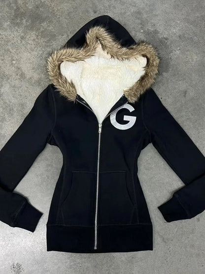 Vintage Letter Fur Collar Hoodie – Y2K Retro Zip-Up Plush Jacket