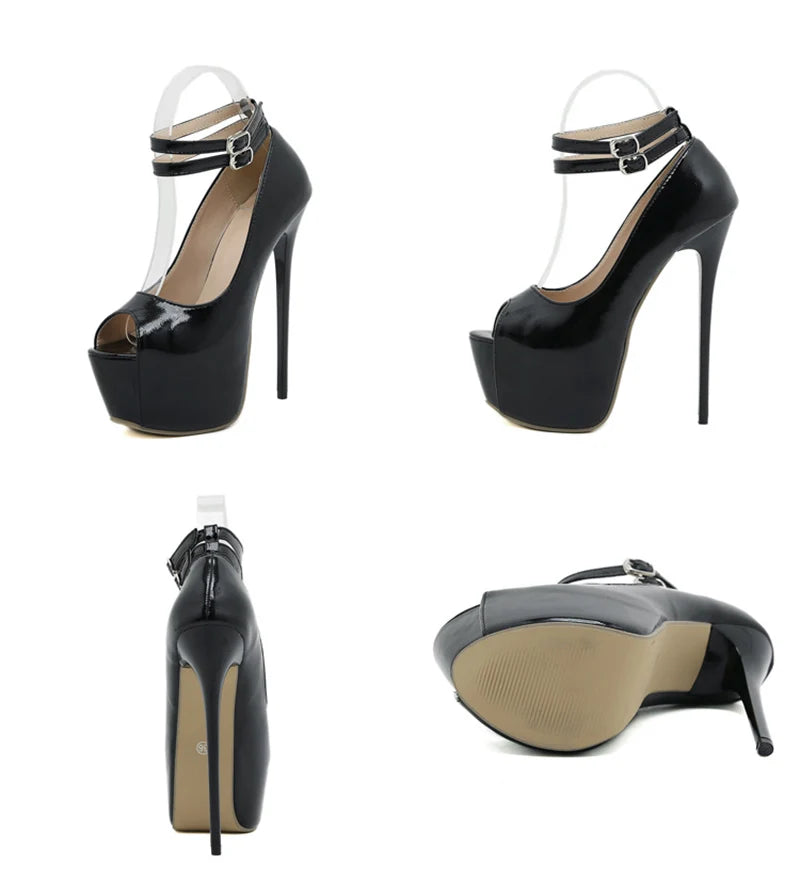 Double Buckle Platform Peep Toe High Heels