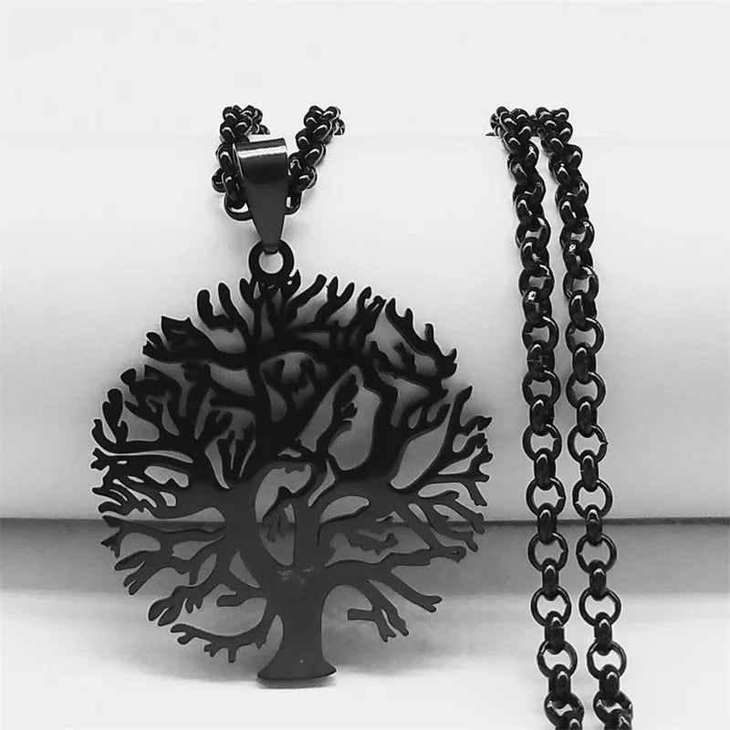 Tree of Life Stainless Steel Necklace – Black Long Pendant for Men & Women