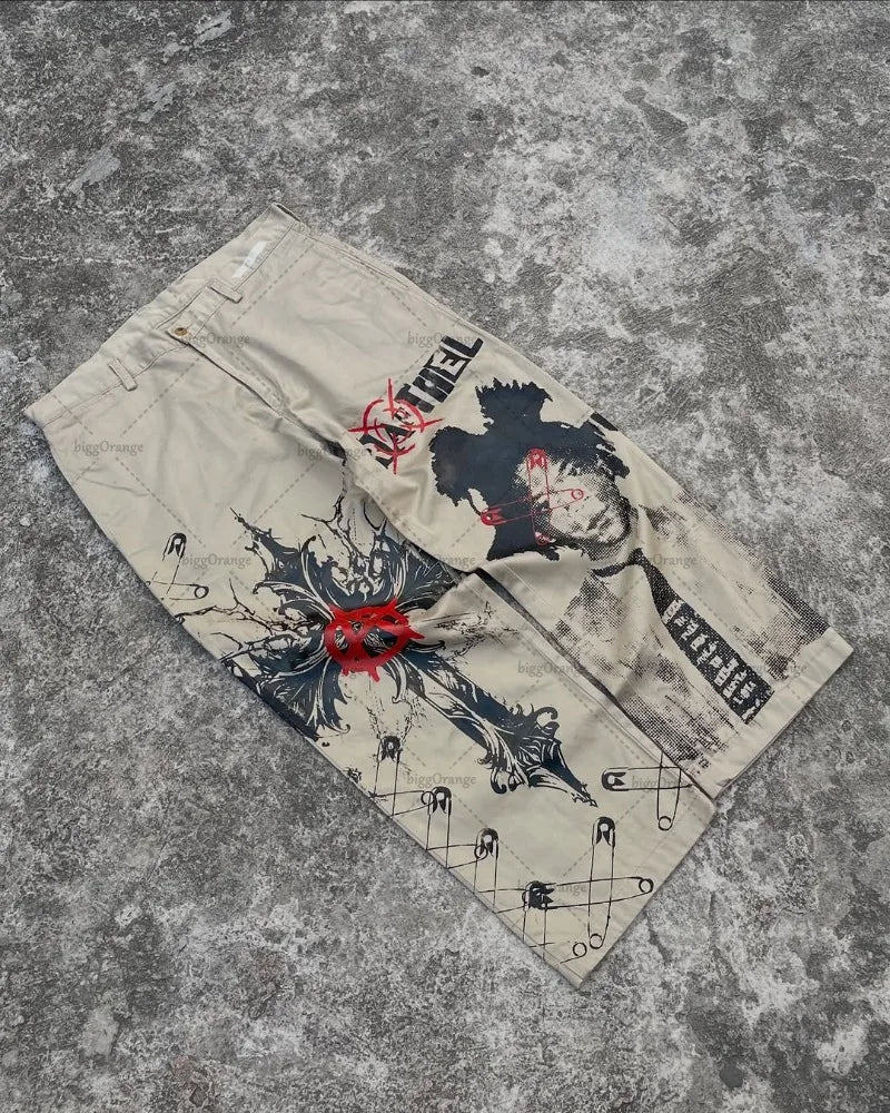 Y2K Gothic Cargo Pants – Wide-Leg Streetwear Trousers with Red Floral Graffiti Print