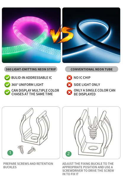 WS2812B / WS2811 5V Round Neon LED Strip – 360° RGBIC Flexible Silicone Tape, 50 LEDs/m, IP67 Waterproof