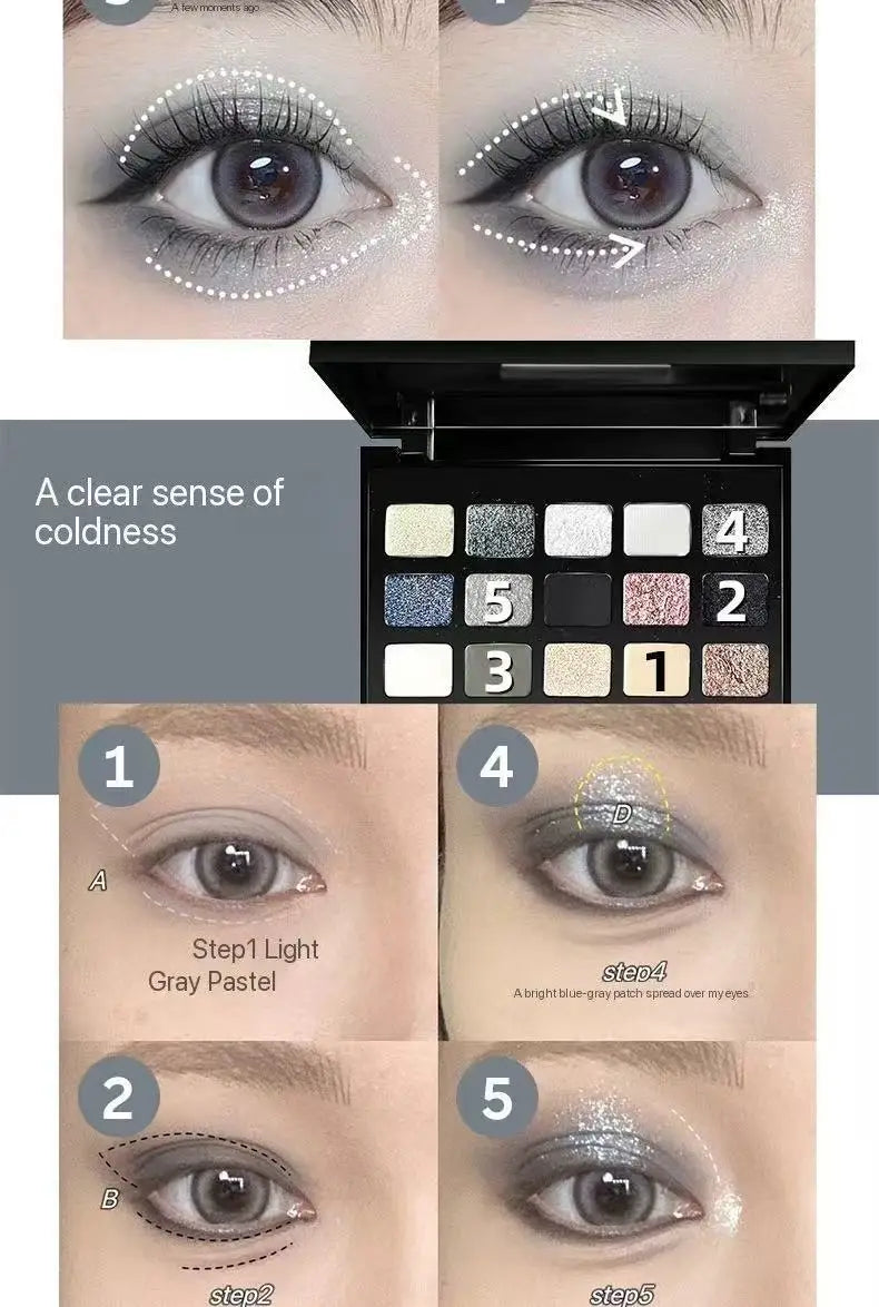 15-Color Pearl Glitter Eyeshadow Palette – Smoky, Cool-Toned, Waterproof Makeup