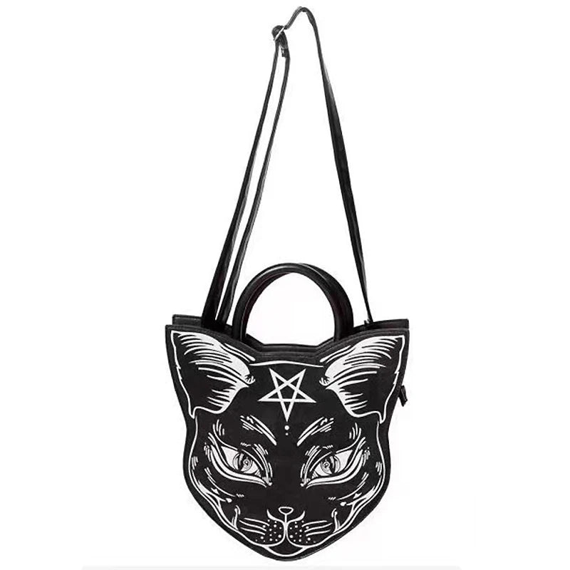 Gothic Pentacle Cat Shoulder Bag – Punk Rock Women’s Black Handbag