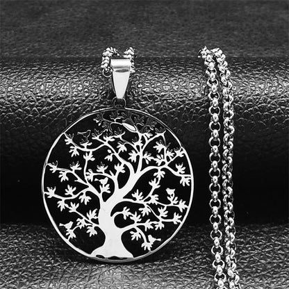 Tree of Life Stainless Steel Necklace – Black Long Pendant for Men & Women