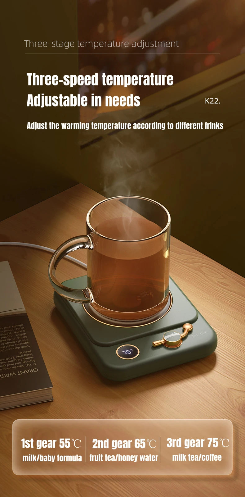 Electric Coffee Cup Warmer – 3-Setting Temperature Control Heating Coaster