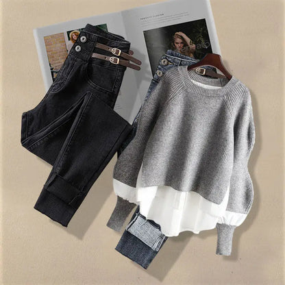 Korean Fashion Two-Piece Set – Fake Layered Shirt Top & Slim Fit Jeans