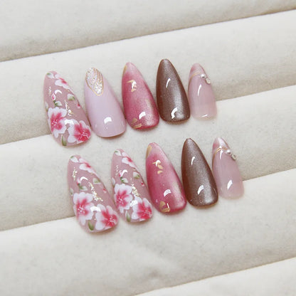 Peach Blossom Cat’s Eye Press-On Nails – 24pc Nude Glitter Floral Set