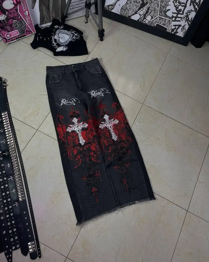 Y2K Gothic Cargo Pants – Wide-Leg Streetwear Trousers with Red Floral Graffiti Print