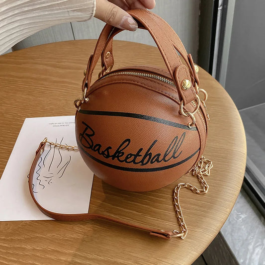 PU Basketball Women’s Shoulder Bag – Fun Pink Sports-Inspired Chain Messenger Bag