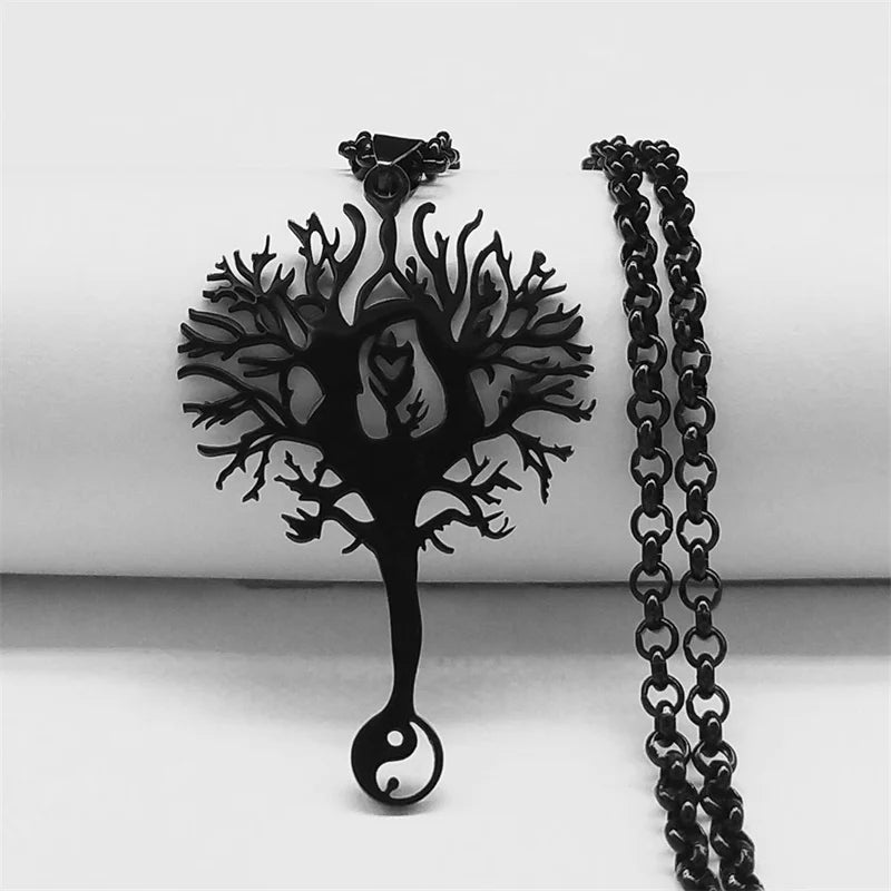 Tree of Life Stainless Steel Necklace – Black Long Pendant for Men & Women