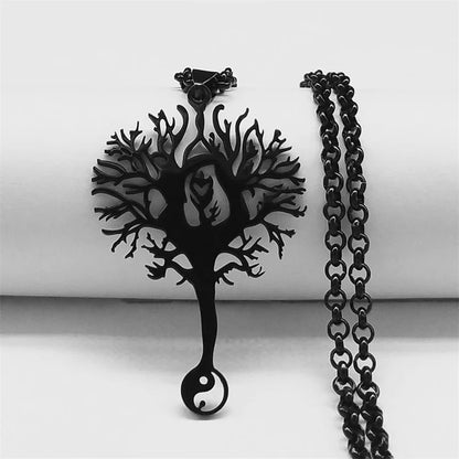 Tree of Life Stainless Steel Necklace – Black Long Pendant for Men & Women