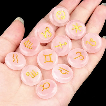 12-Piece Mini Chakra Stones Set – Natural Amethyst, Quartz & Semi-Precious Crystals with Zodiac Symbols
