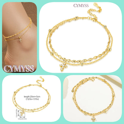 925 Sterling Silver Double-Layer Anklet – Exquisite Zircon Heart Chain Jewelry