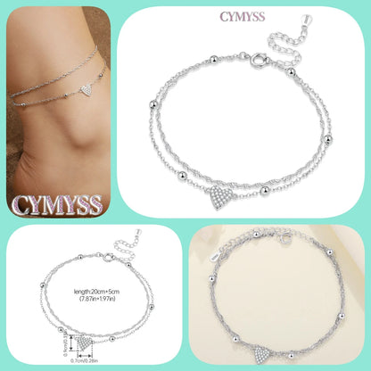 925 Sterling Silver Double-Layer Anklet – Exquisite Zircon Heart Chain Jewelry