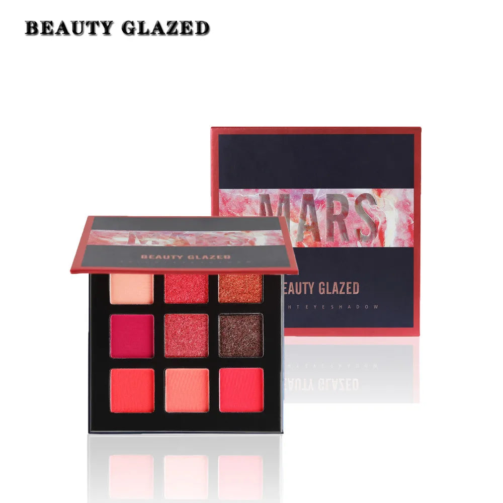9-Color Matte & Glitter Eyeshadow Palette – Red Tone Shimmer Collection