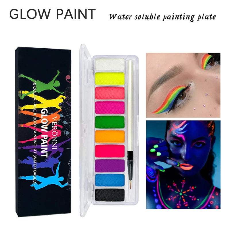 10-Color Glow Neon UV Face & Body Paint – Fluorescent Party Makeup Oil