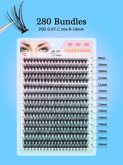 Individual 20–100D Cluster Lashes – 280pcs Mixed Tray Volume Extensions