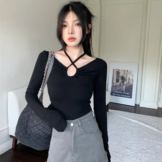 Y2K Halter Bandage V-Neck Long Sleeve Top – Korean Streetwear Style