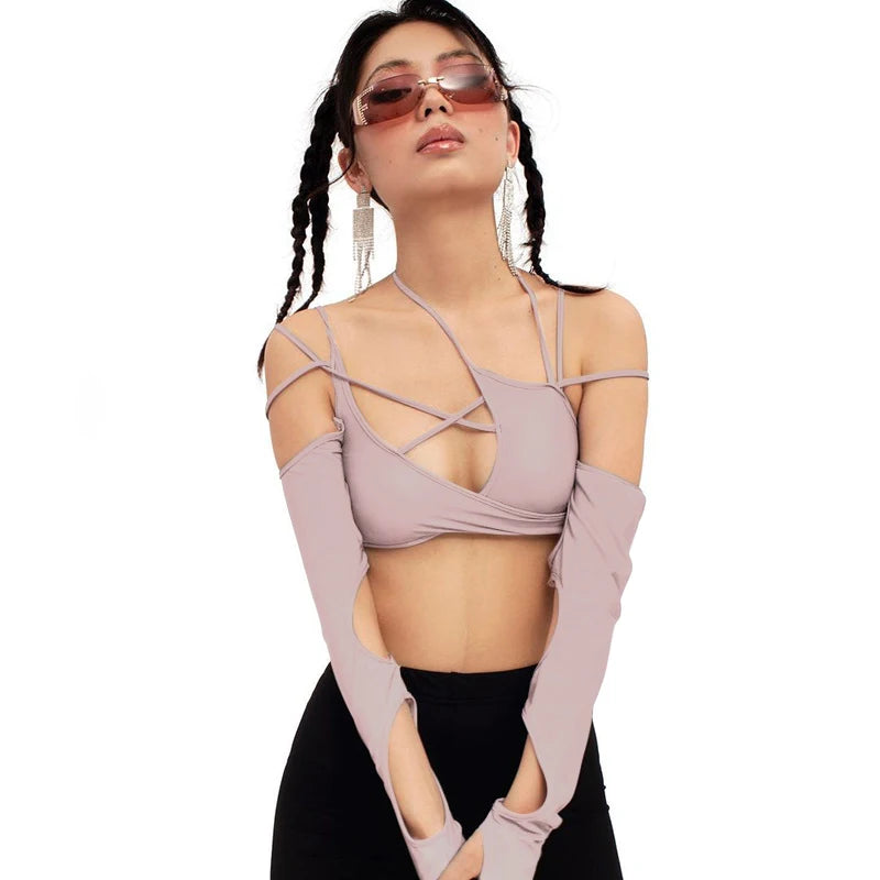 Goth Dark Cyber Y2K Halter Crop Top – Patchwork Long Sleeve Cut-Out Tee