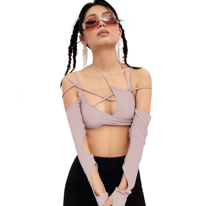 Goth Dark Cyber Y2K Halter Crop Top – Patchwork Long Sleeve Cut-Out Tee
