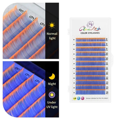 UV Blue & Orange Lash Extensions – Glow Reactive Individual False Lashes for Creative Makeup Looks