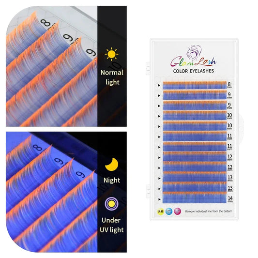 UV Blue & Orange Lash Extensions – Glow Reactive Individual False Lashes for Creative Makeup Looks