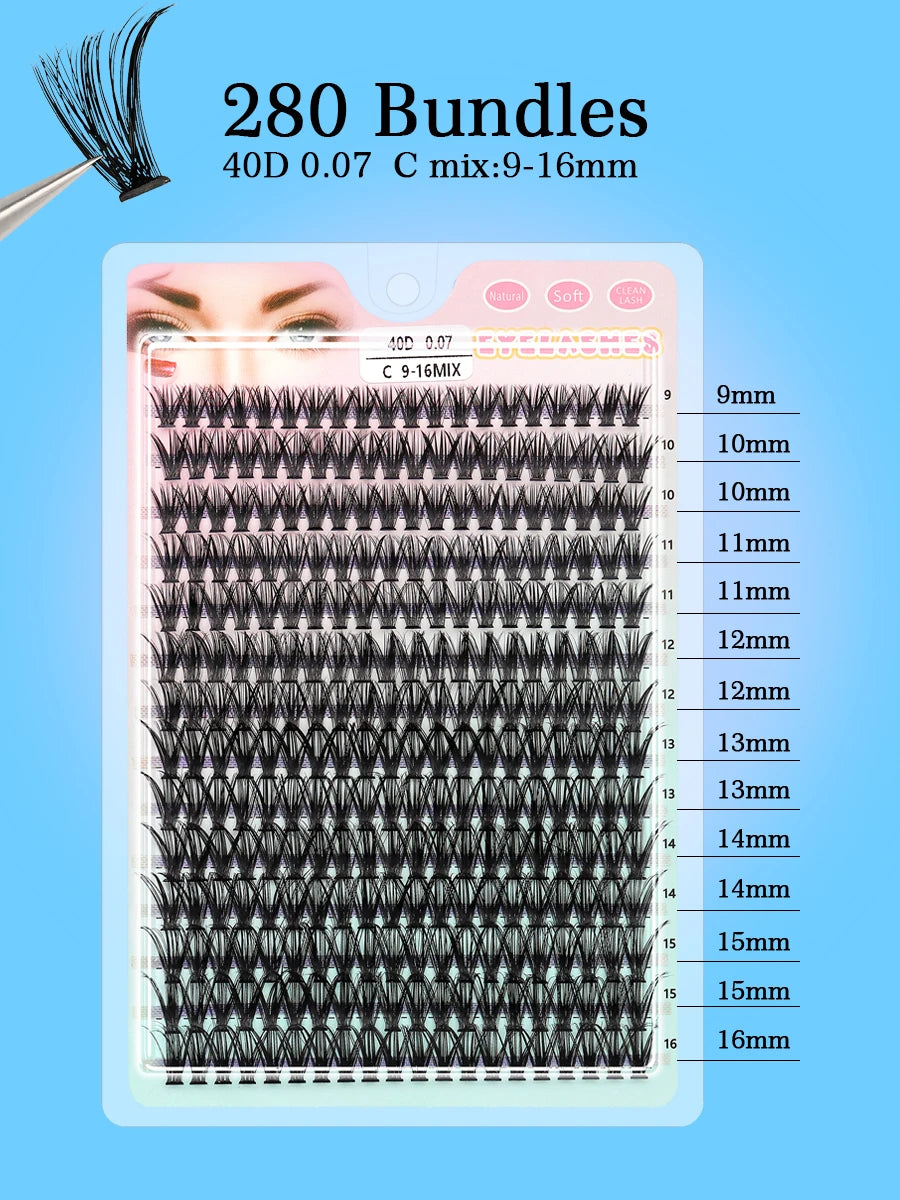 Individual 20–100D Cluster Lashes – 280pcs Mixed Tray Volume Extensions