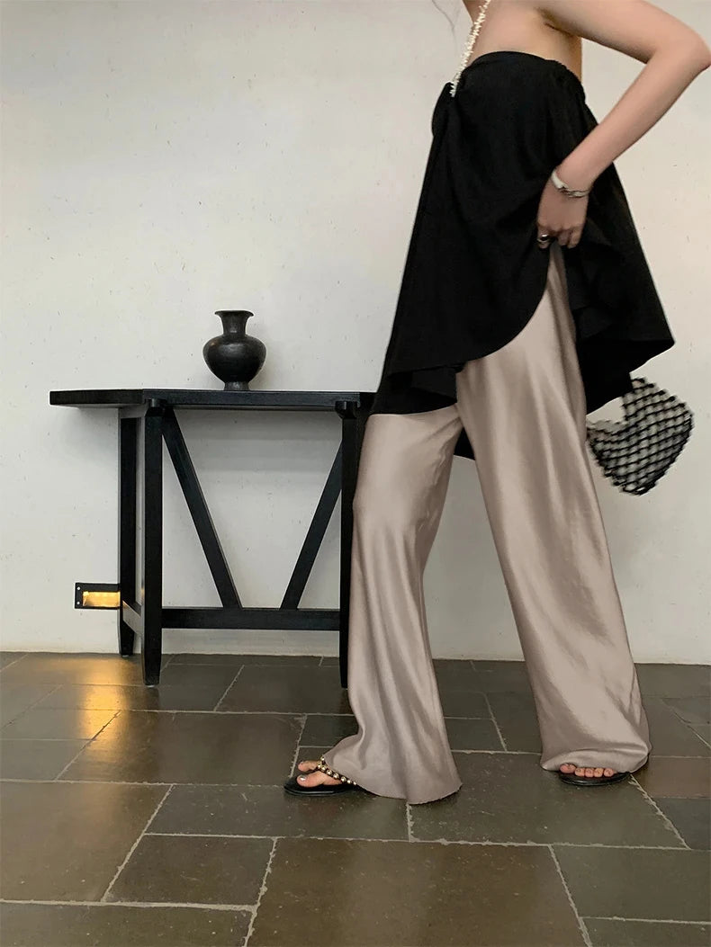 Satin Wide-Leg Pants – Elegant Korean Fashion Summer Trousers