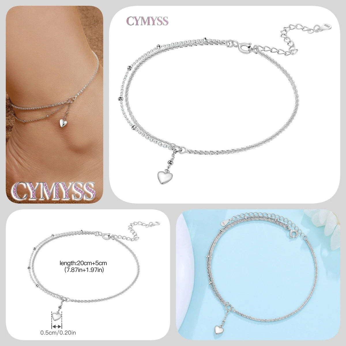 925 Sterling Silver Double-Layer Anklet – Exquisite Zircon Heart Chain Jewelry