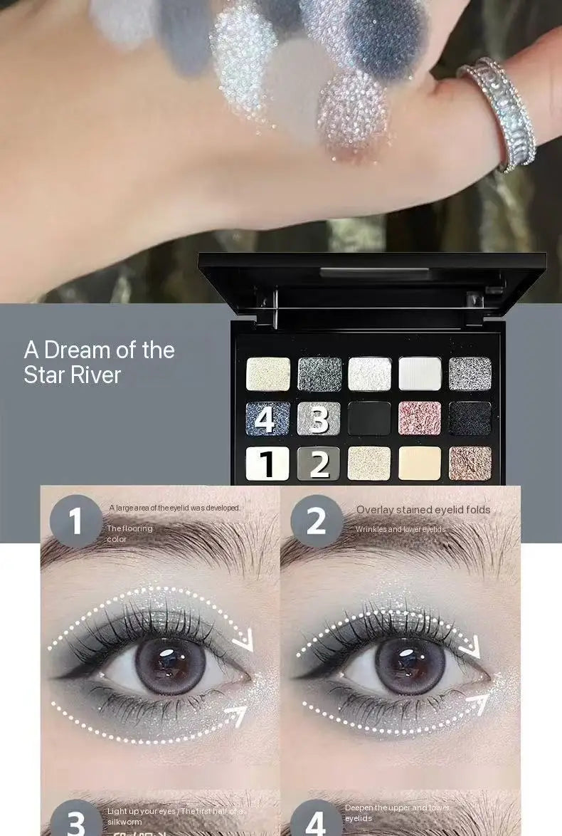 15-Color Pearl Glitter Eyeshadow Palette – Smoky, Cool-Toned, Waterproof Makeup
